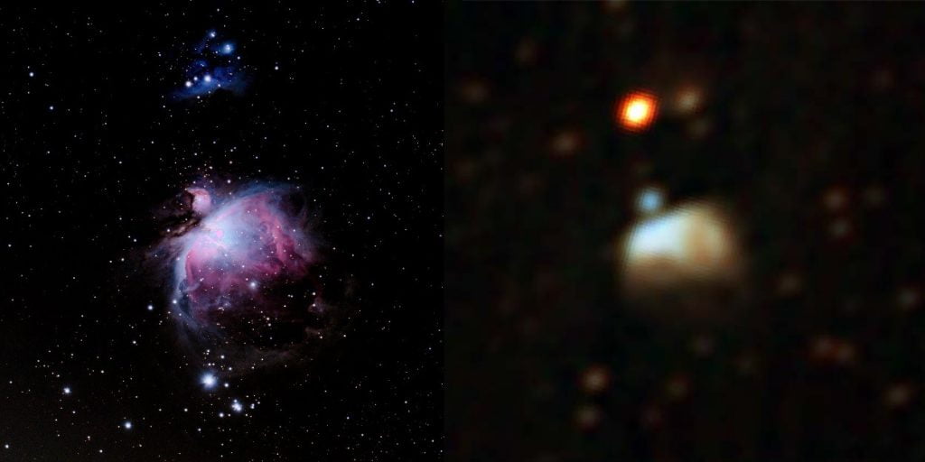 The Orion Nebula in optical light (left) and radio (right), the latter as observed by the MWA GLEAM survey. This project would involve using the fine frequency resolution of the MWA to search for radio recombination lines in star-forming regions like Orion.