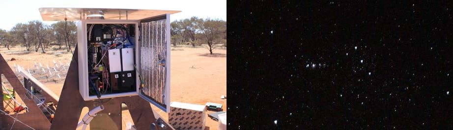 (left) The astrocam that has collected all the data for this project. It is co-located with a normal DFN camera. (right) The constellation of Orion as seen by the astrocam.