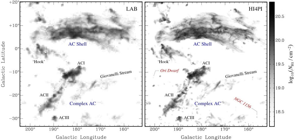 A comparison of an HI column density map of part of the so-called anti-centre complex from the previously available Leiden/Argentine/Bonn (LAB) survey with the same map from the new HI4PI survey, showing the great improvement in resolution and spatial sampling of the new map. Credit ICRAR