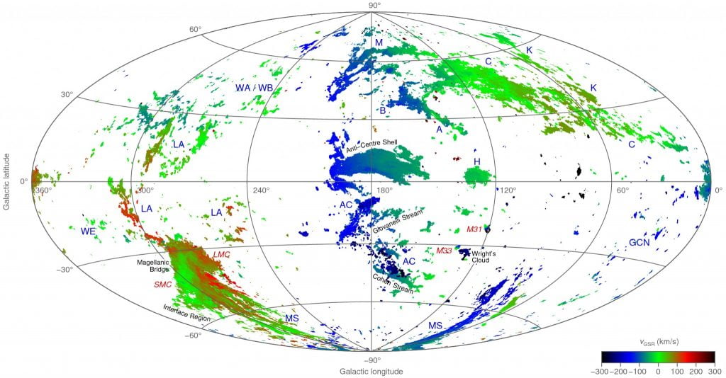 An all-sky map showing the radial velocity of neutral hydrogen gas belonging to the high-velocity clouds of the Milky Way and two neighbouring galaxies, the Large and Small Magellanic Clouds. Credit: ICRAR