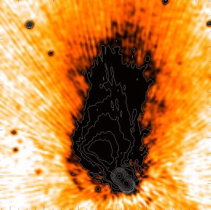 A close-up view of Centaurus A and the location of a black hole 55 million times more massive than the Sun.