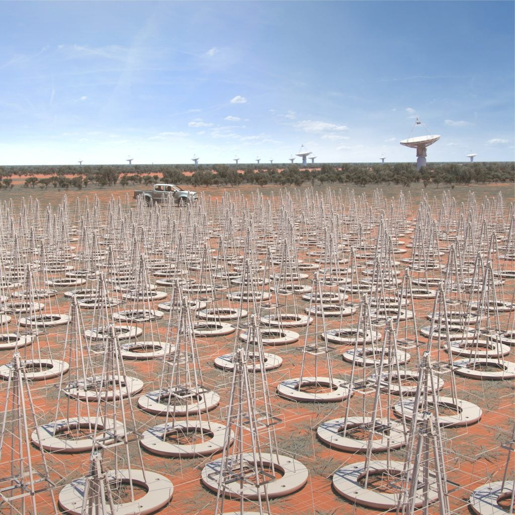 Close up artist rendition of SKA-low. These dipole antenna which will number in their hundreds of thousands will survey the radio sky in frequencies as low at 50MHz.