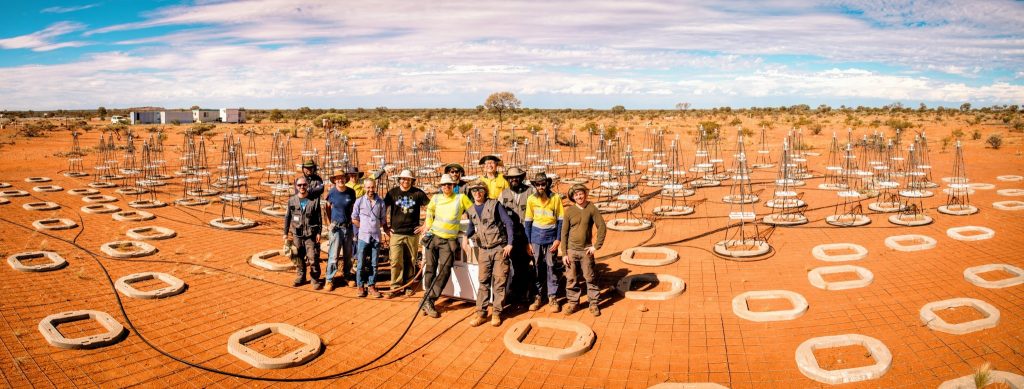 Members of ICRAR’s Engineering team working with colleagues from the National Institute for Astrophysics in Italy to install antennas for the Aperture Array Verification System Test Platform. Credit: ICRAR
