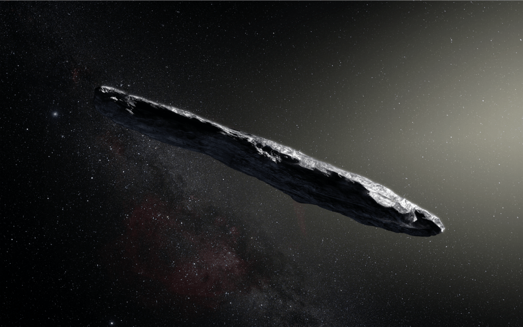 This artist’s impression shows the first interstellar asteroid: `Oumuamua. Credit: ESO/M. Kornmesser.