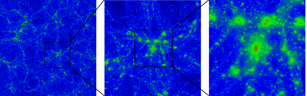 This image shows large scale distribution of dark matter from a simulation designed to produce synthetic galaxy surveys for the WAVES and DEVILS galaxy evolution surveys.