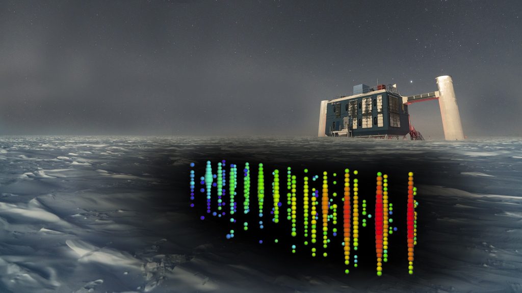 The IceCube Neutrino Observatory is buried at depths between 1.5 and 2.5 kilometers below the South Pole. The only visible equipment is the IceCube Lab, also called the ICL, which hosts the computers that collect data from the over 5,000 light sensors in the ice. In this artistic rendering, based on a real image of the ICL, neutrino event IC170922 is shown in the ice below Antarctica's surface. Credit: IceCube Collaboration/NSF