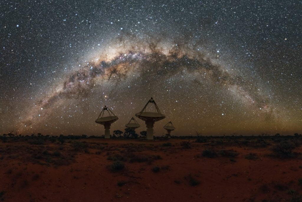 Antennas of CSIRO’s Australian SKA Pathfinder with the Milky Way overhead. Credit: Alex Cherney/CSIRO