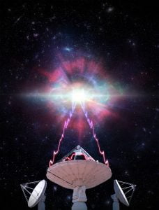 An artist’s impression showing one of CSIRO’s ASKAP radio telescope antennas observing a fast radio burst (FRB).
Credit: OzGrav, Swinburne University of Technology.
