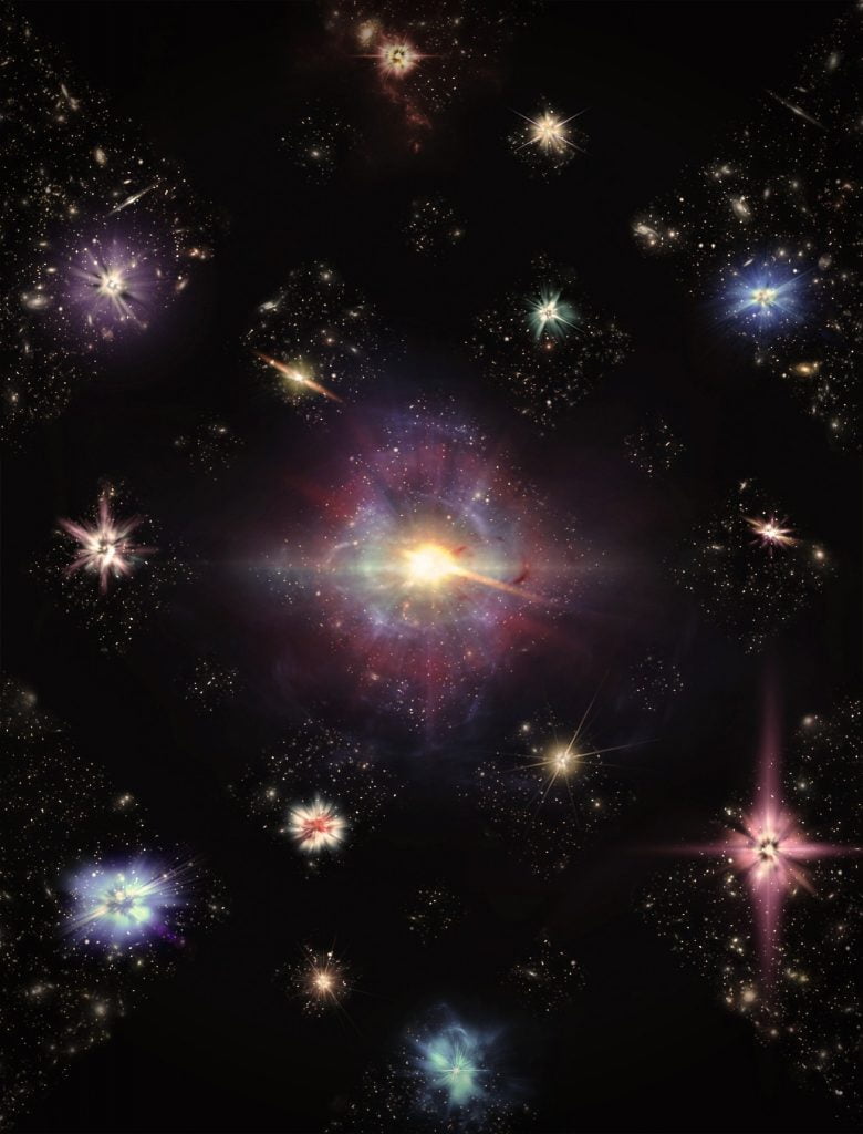 An artist’s impression of fast radio bursts (FRBs). An Australian team of researchers has shown that the brighter FRBs, discovered using CSIRO’s ASKAP radio telescope, are probably in galaxies that are quite nearby, while fainter ones (found previously) are likely to be much more distant.
Credit: OzGrav, Swinburne University of Technology.
