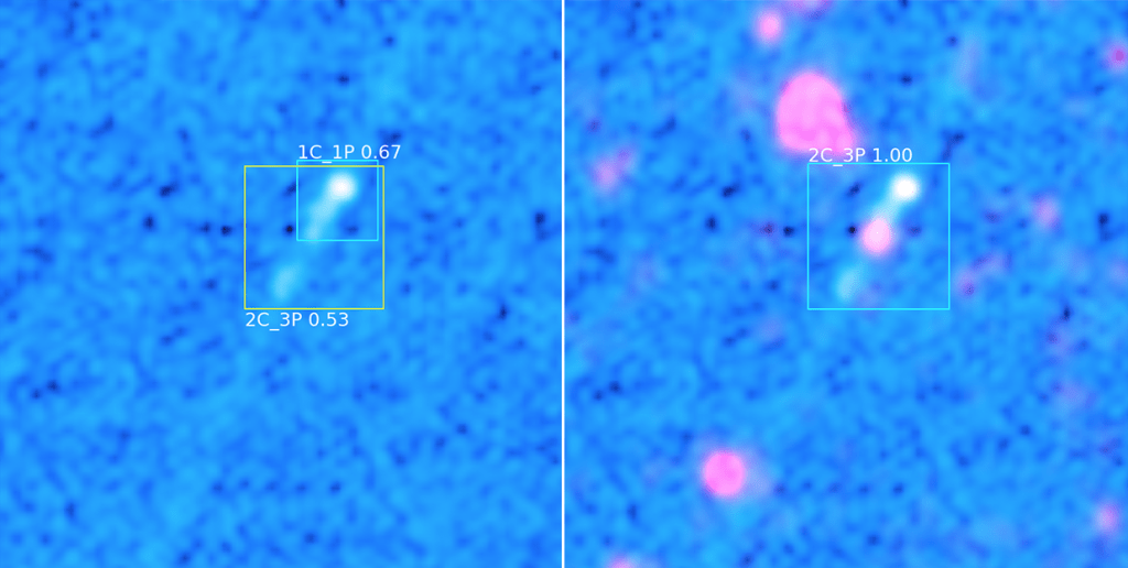 By combining the data from different telescopes, ClaRAN’s ‘confidence’ level in its detections and classifications is increased. Shown as the number above the detection box, a confidence of 1.00 indicates ClaRAN is extremely confident that the source detected is a radio galaxy jet system and that is has classified it correctly. To the left is a radio galaxy jet system detected by ClaRAN using only data from radio telescopes. ClaRAN isn’t sure what it’s seeing here, giving two predictions, one covering the entire system with a low confidence of 0.53, and one covering the top jet only with a confidence of 0.67. To the right is the same galaxy, but with infrared telescope data overlaid. With the inclusion of data from infrared telescopes ClaRAN’s confidence in the detection has increased to the highest value of 1.0, and ClaRAN now includes the entire system in its only prediction. Credit: Dr Chen Wu and Dr Ivy Wong, ICRAR/UWA. 