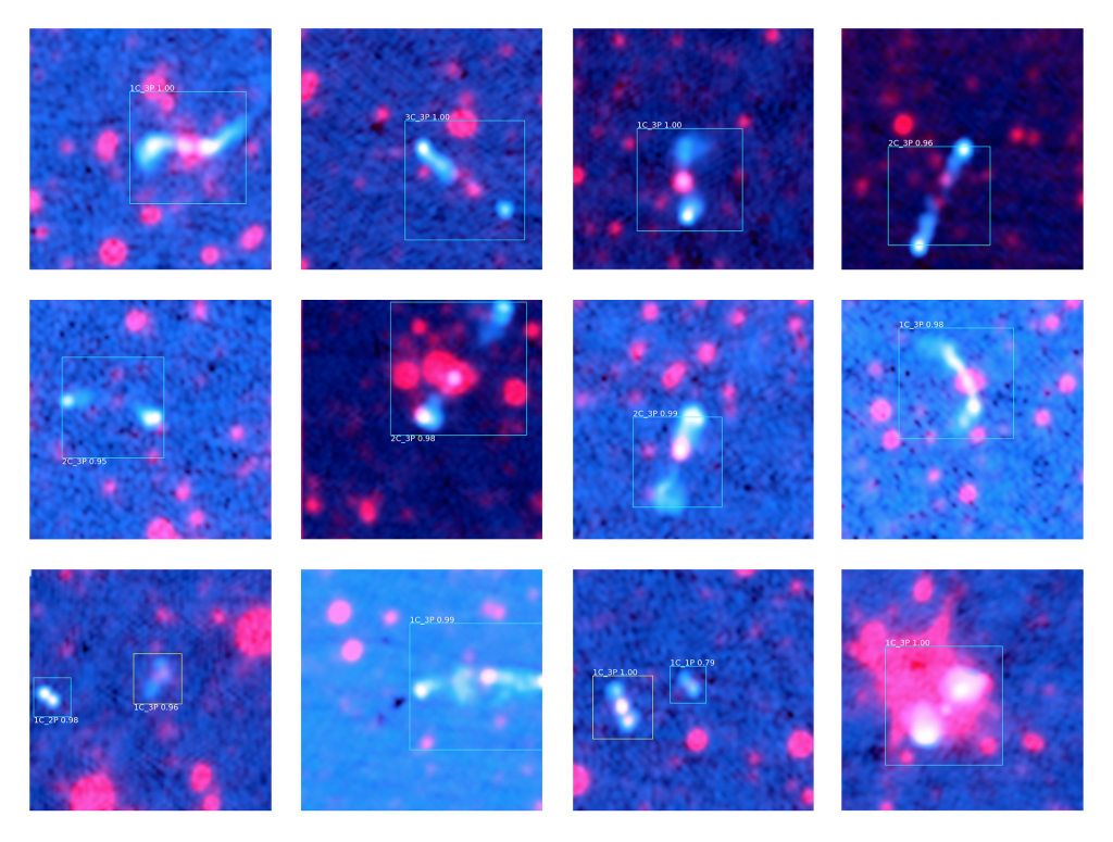 Fourteen radio galaxy predictions ClaRAN made during its scan of radio and infrared data. All predictions were made with a high ‘confidence’ level, shown as the number above the detection box. A confidence of 1.00 indicates ClaRAN is extremely confident both that the source detected is a radio galaxy jet system and that it has classified it correctly. Credit: Dr Chen Wu and Dr Ivy Wong, ICRAR/UWA.