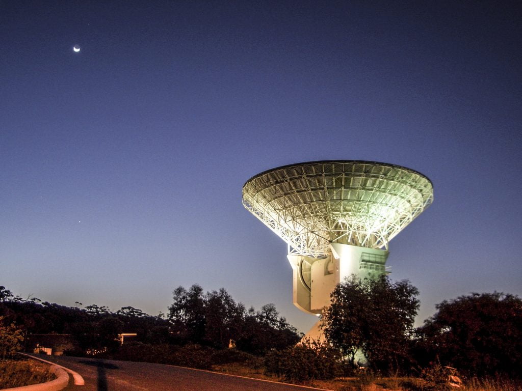 ESA's New Norcia station, DSA-1 (Deep Space Antenna-1), hosts a 35 m-diameter parabolic antenna and is located 140 km north of Perth, Western Australia, close to the town of New Norcia. DSA-1 communicates with deep-space missions, typically at ranges in excess of 2 million km. It is also capable of supporting the ultra-precise 'delta-DOR' navigation technique. Credit: ESA/S. Marti