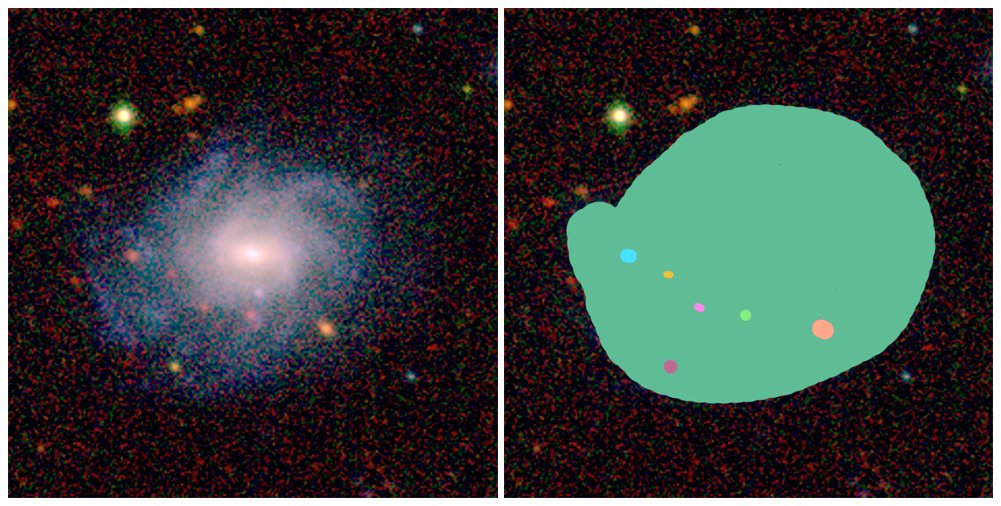 An image of AstroQuest galaxy alongside how it looks in the AstroQuest platform once a citizen scientist has 'helped' the computer to identify what belongs to the main galaxy and what doesn't. Credit: ICRAR/AstroQuest