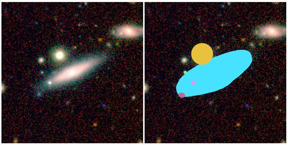 An image of AstroQuest galaxy alongside how it looks in the AstroQuest platform once a citizen scientist has ‘helped’ the computer to identify what belongs to the main galaxy and what doesn’t. Credit: ICRAR/AstroQuest