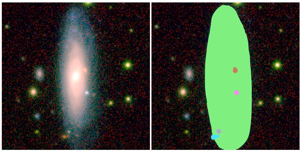 An image of AstroQuest galaxy alongside how it looks in the AstroQuest platform once a citizen scientist has ‘helped’ the computer to identify what belongs to the main galaxy and what doesn’t. Credit: ICRAR/AstroQuest