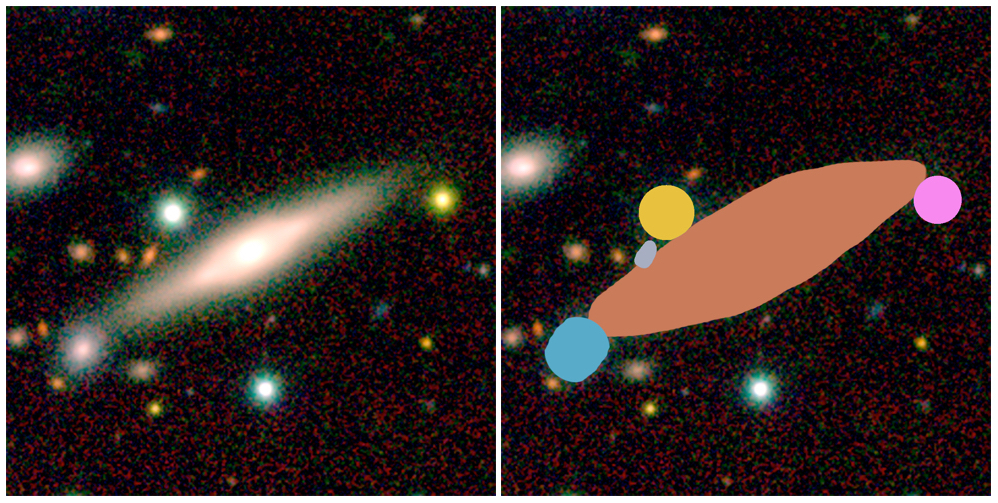 An image of AstroQuest galaxy alongside how it looks in the AstroQuest platform once a citizen scientist has ‘helped’ the computer to identify what belongs to the main galaxy and what doesn’t. Credit: ICRAR/AstroQuest
