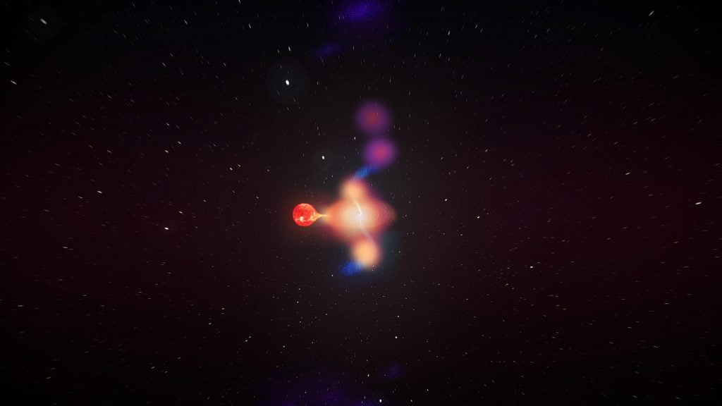 Artist's impression of the black hole X-ray binary system V404 Cygni as seen from a distance. Bright spots in the jets are detected by our high angular resolution radio imaging, and move away from the black hole in different directions. Credit: ICRAR