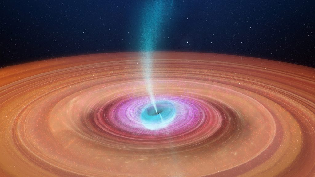 Artist’s impression of the accretion disk around the black hole. During a powerful outburst in 2015, intense radiation caused the inner few thousand kilometres of the accretion disk to “puff up” into a doughnut-shaped structure. Credit: ICRAR