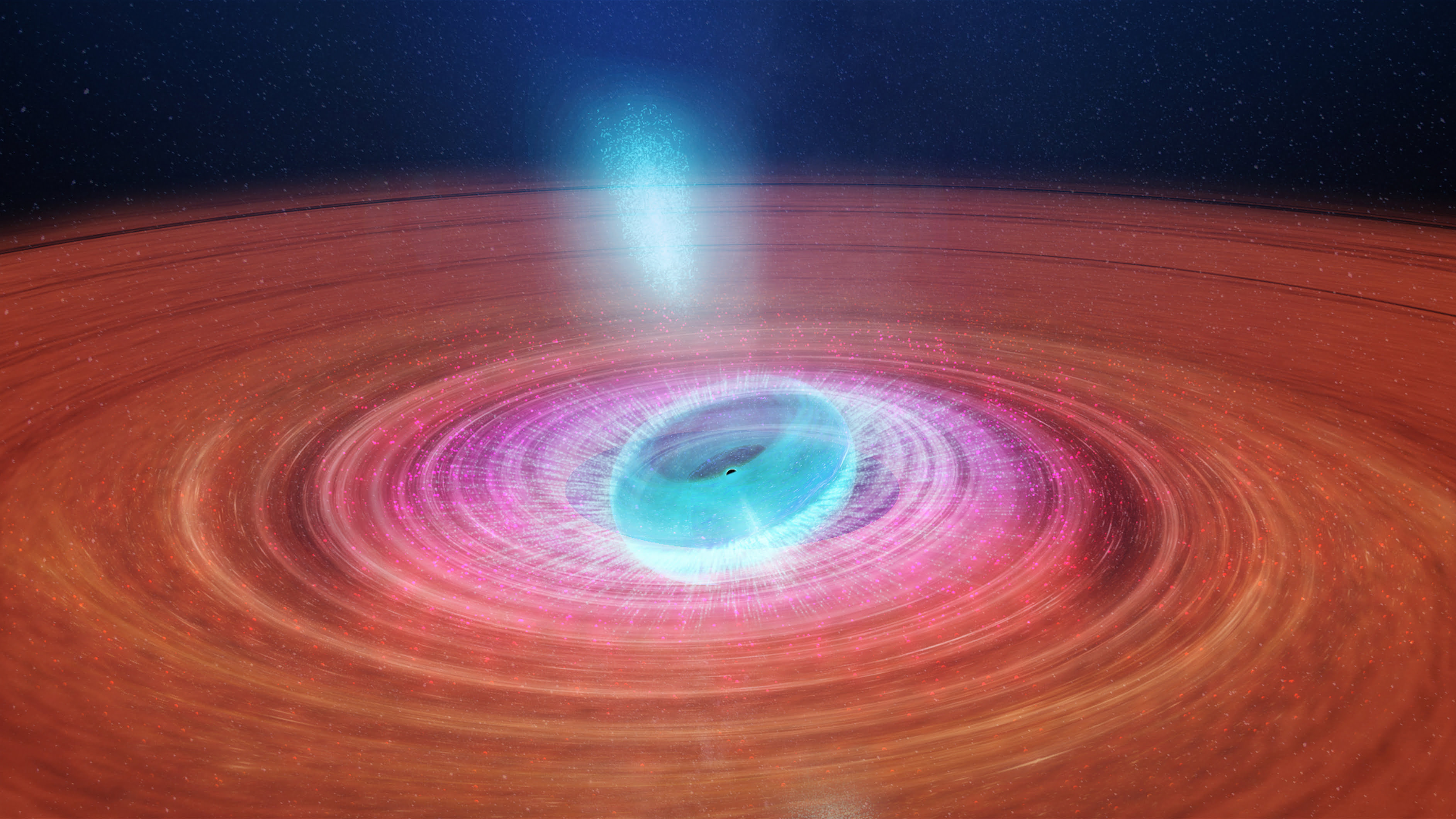 Artist’s impression of jet ejections in V404 Cygni. With our radio telescopes, we see individual bright clouds of plasma that have been ejected from the innermost regions, and redirected by the puffed-up inner accretion disk. Credit: ICRAR