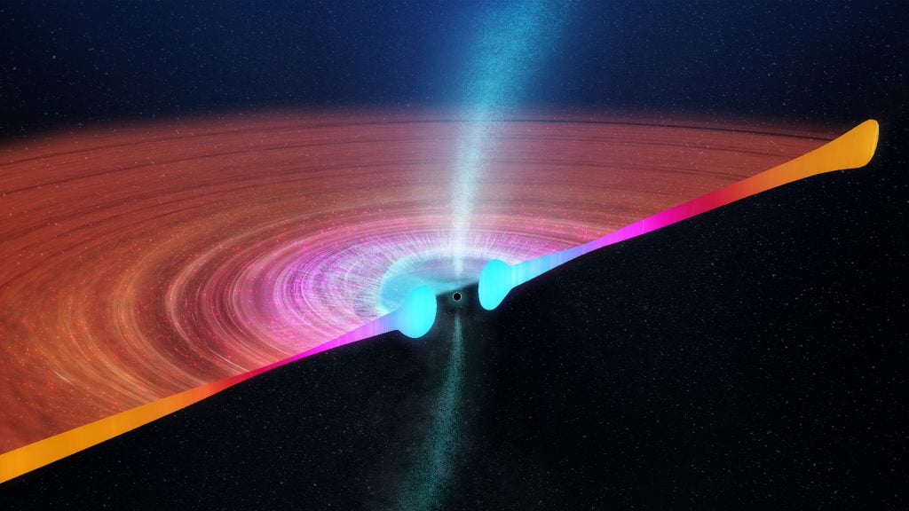 Artist's impression showing a cross section of the accretion disk in V404 Cygni. The precessing, puffed-up region of the disk is only a few thousand kilometres wide, as compared to a total disk size of about 10 million kilometres. The disk is hottest in its inner regions, and becomes cooler and thicker further out. Credit: ICRAR