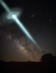 The MAGIC Telescopes detected the highest-energy gamma-rays from a Gamma-Ray-Burst following the alerts issued by Swift and Fermi. Credits: Superbossa.com and C. Righi.