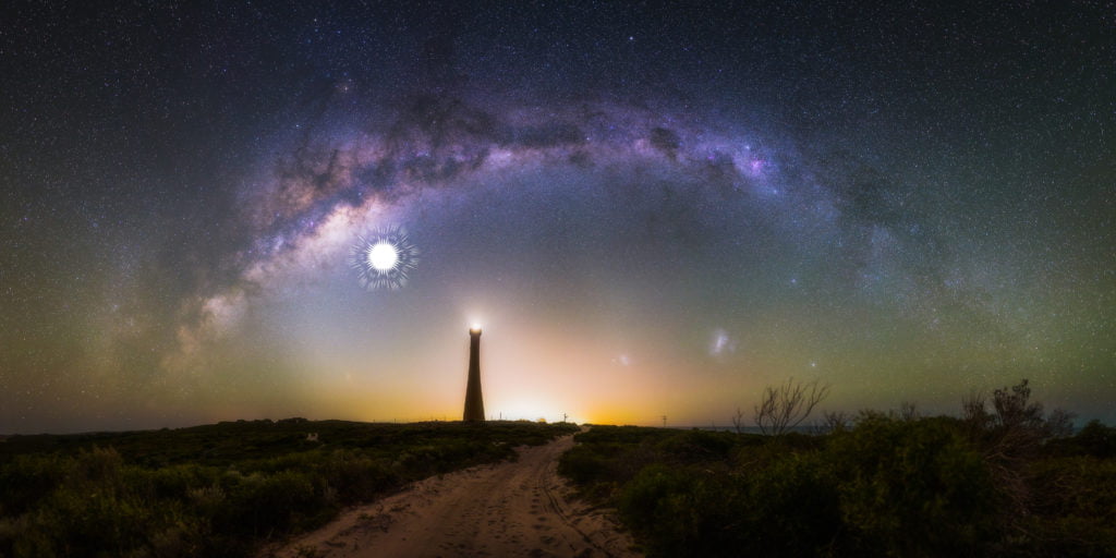 This 28 image photomosaic captures the arch of the milky way over the Guilderton Lighthouse in Western Australia, and the Large and Small Magellanic Clouds. The location of a supernova that would have exploded 9,000 years ago and been visible in the night sky is shown in the image. Credit: Paean Ng / Astrordinary Imaging.