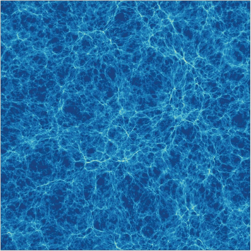A simulation showing a section of the Universe at its broadest scale. A web of cosmic filaments forms a lattice of matter, enclosing vast voids. Credit: Tiamat simulation, Greg Poole.