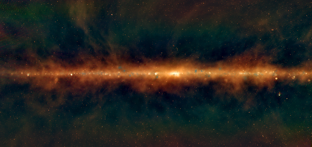 This image shows a new view of the Milky Way from the Murchison Widefield Array, with the lowest frequencies in red, middle frequencies in green, and the highest frequencies in blue. Huge golden filaments indicate enormous magnetic fields, supernova remnants are visible as little spherical bubbles, and regions of massive star formation show up in blue. [The supermassive black hole at the centre of our galaxy is hidden in the bright white region in the centre.] Credit: Dr Natasha Hurley-Walker (ICRAR/Curtin) and the GLEAM Team