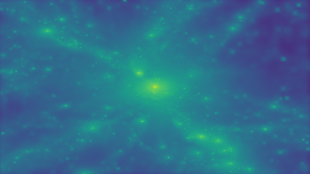 The same simulated galaxy cluster revealing the gas that is attracted to the dark matter ‘knots’. Again each bright spot is a galaxy in the larger cluster. In the real Universe, this gas can be detected using radio telescopes and is the fuel for star formation and the evolution of galaxies. Credit: Chris Power, ICRAR/UWA. 