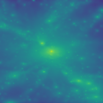 The same simulated galaxy cluster revealing the gas that is attracted to the dark matter ‘knots’. Again each bright spot is a galaxy in the larger cluster. In the real Universe, this gas can be detected using radio telescopes and is the fuel for star formation and the evolution of galaxies. Credit: Chris Power, ICRAR/UWA.