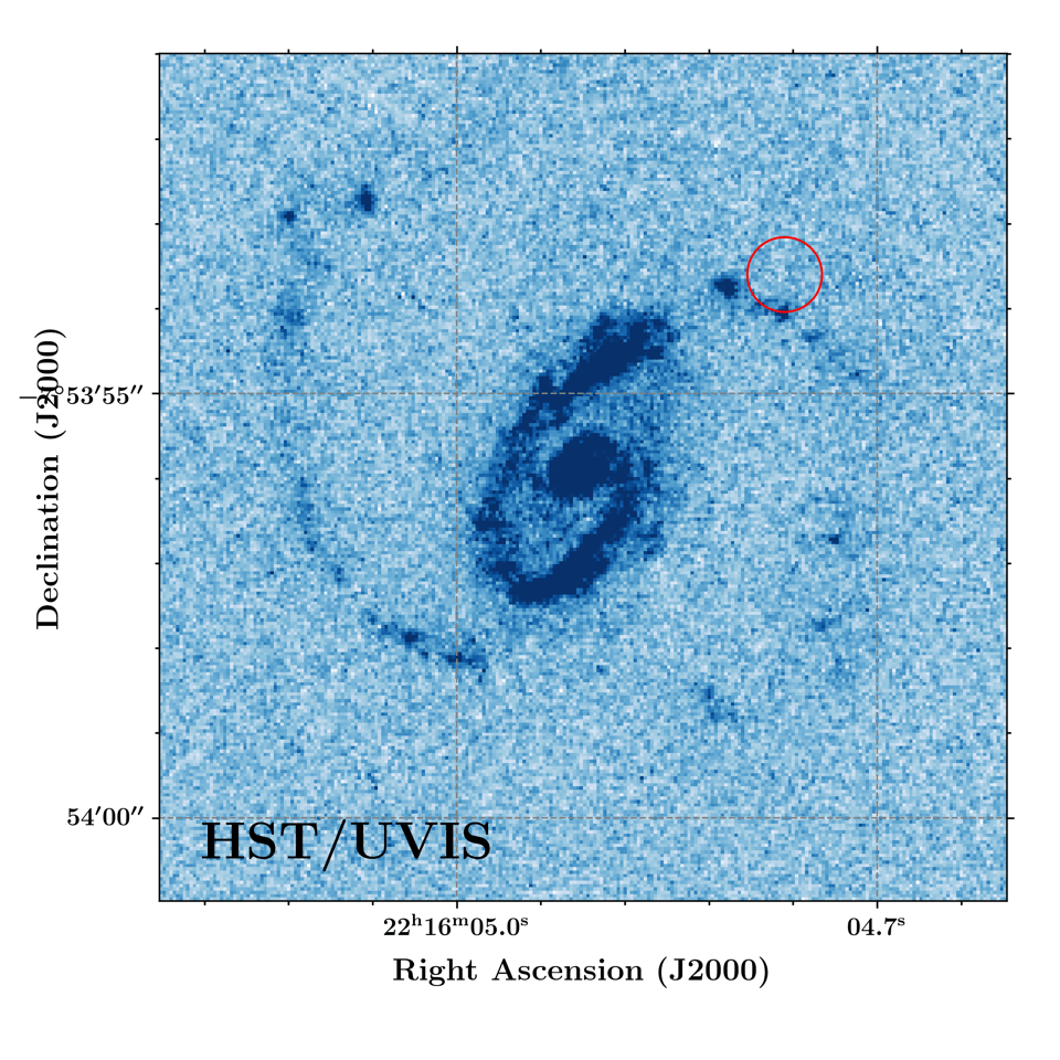A Hubble Space Telescope image of an FRB host galaxy, with the location of the FRB marked in red. This FRB was one of the network used to find the missing matter. Credit: J. Xavier Prochaska/UC Santa Cruz, Jay Chittidi (Maria Mitchell Observatory), and Alexandra Mannings (UC Santa Cruz)