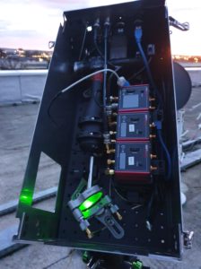 A photo of the self-guiding optical terminal showing the fibre-to-free-space telescope, active optics tip-tilt mirror, and feedback electronics.