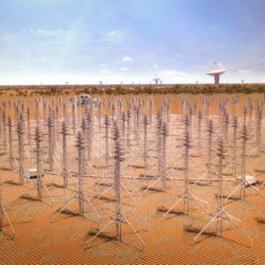 Close-up artist rendition of the SKA-Low aperture array and ASKAP dishes in Australia.
