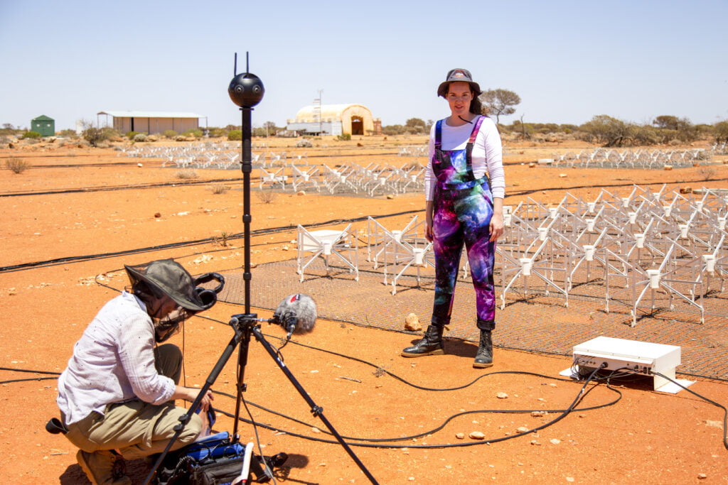 White Spark Pictures Producer Jess Black preparing to film ICRAR/Curtin PhD candidate Kat Ross about the Murchison Widefield Array—a precursor to the Square Kilometre Array located at CSIRO's Murchison Radio-astronomy Observatory in WA's Mid West.