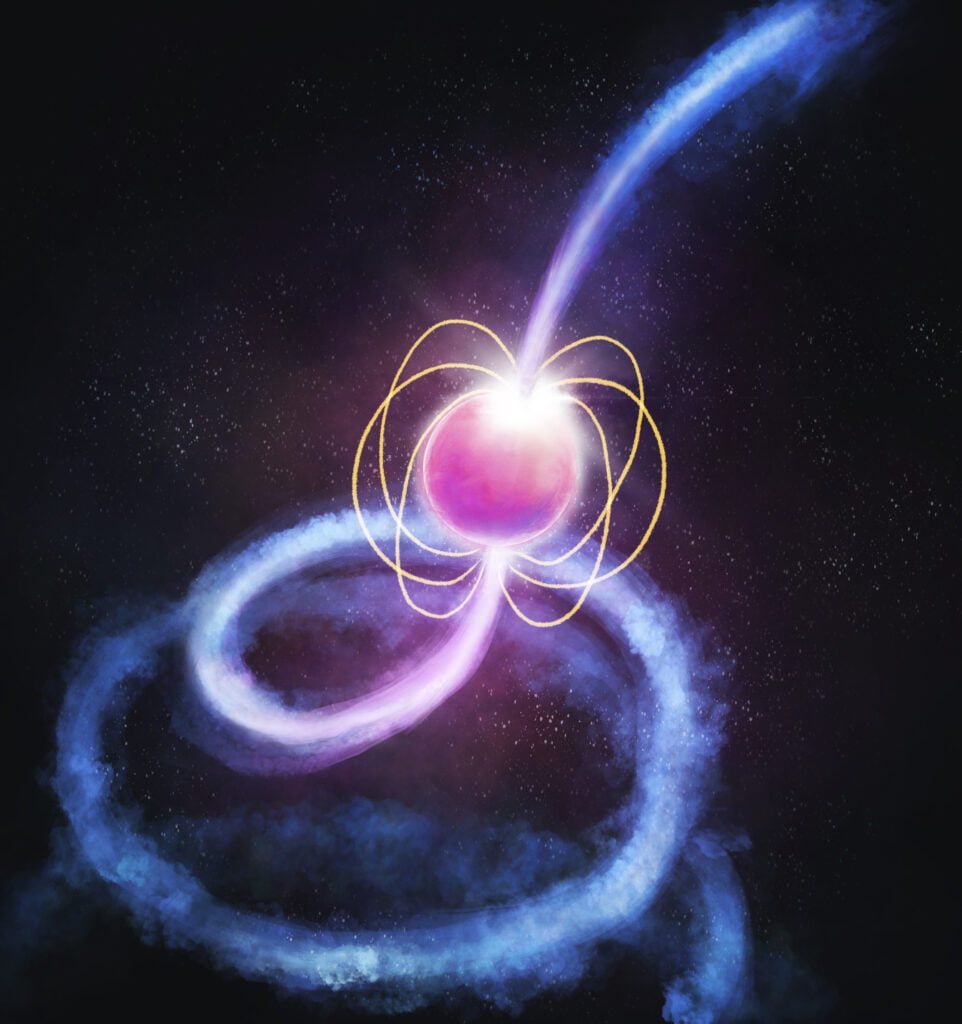 An artist's impression of Pulsar — a dense and rapidly spinning neutron star sending radio waves into the cosmos. Credit: ICRAR / Curtin University.