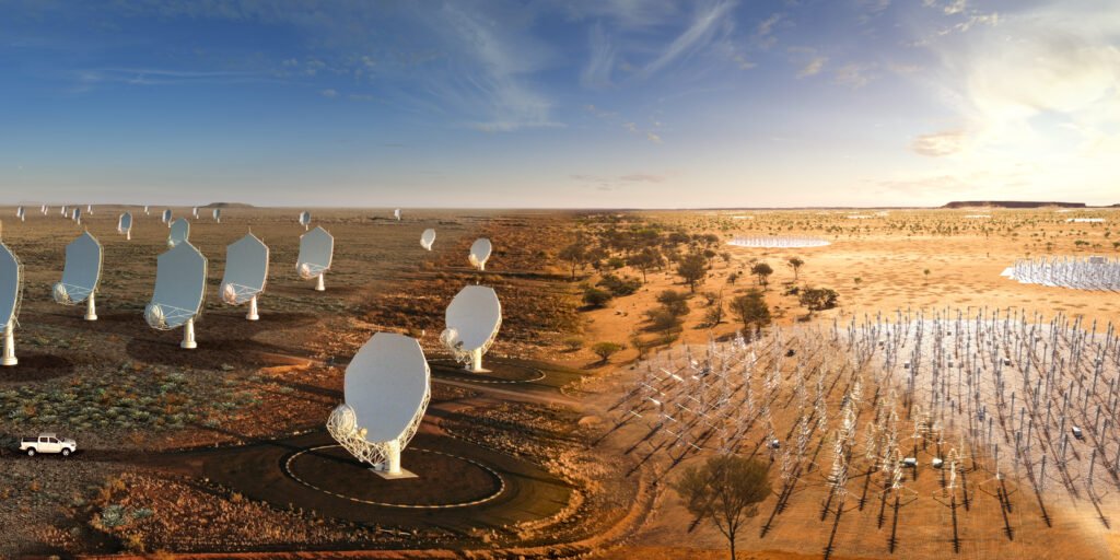 Composite image of the SKA combining all elements in South Africa and Australia. This image blends photos of real hardware already on the ground on both sites with artists impressions of the future SKA antennas.