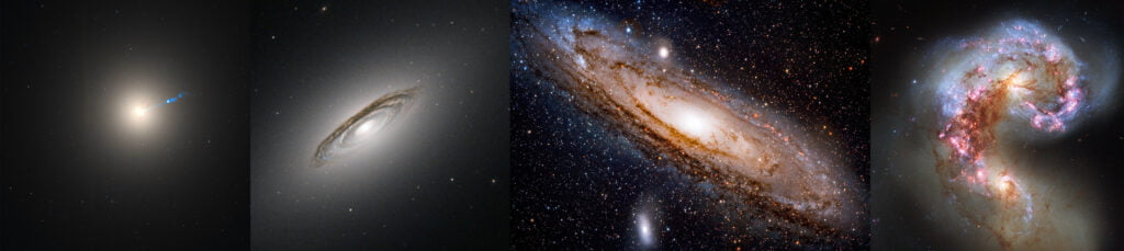 Different shapes of galaxies, left to right: elliptical, lenticular, spiral, and irregular/miscellaneous. Credit: NASA/Hubble (elliptical galaxy M87), ESA/Hubble & NASA (lenticular galaxy NGC 6861 and the colliding Antennae galaxies), and David Dayag (the Andromeda spiral galaxy). 