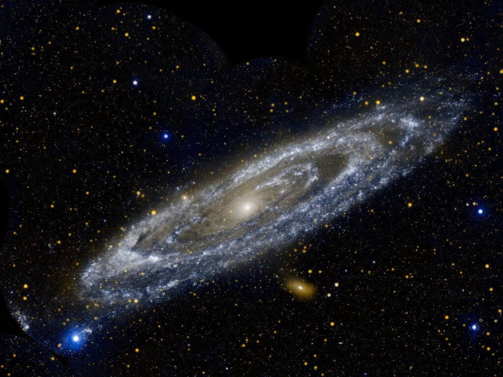 An example of the type of galaxy used in this study is the Andromeda galaxy, or M31, shown in this image captured by NASA's Galaxy Evolution Explorer (GALEX) space telescope. At approximately 2.5 million light-years away and 260,000 light-years across, Andromeda is so bright and close to us that it is one of only ten galaxies that can be spotted from Earth with the naked eye. Image credit: NASA/JPL-Caltech.