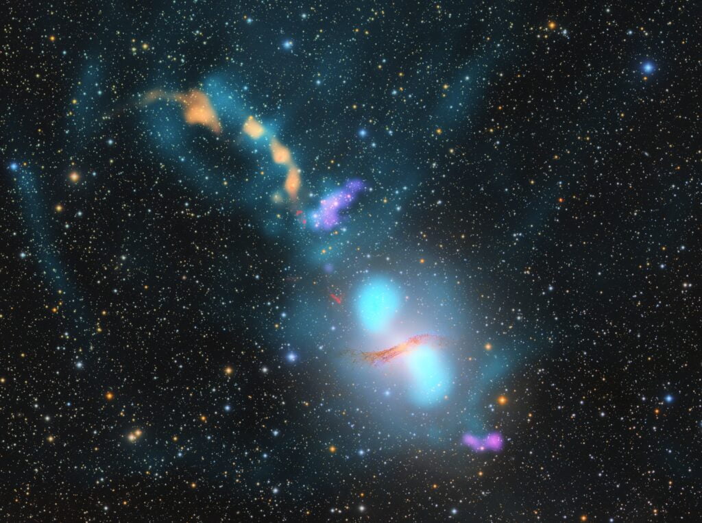 Centaurus A is a giant elliptical active galaxy 12 million light-years away. At its heart lies a black hole with a mass of 55 million suns. This composite image shows the galaxy and the surrounding intergalactic space at several different wavelengths. The radio plasma is displayed in blue and appears to be interacting with hot X-ray emitting gas (orange) and cold neutral hydrogen (purple). Clouds emitting Halpha (red) are also shown above the main optical part of the galaxy which lies in between the two brightest radio blobs. The 'background' is at optical wavelengths, showing stars in our own Milky Way that are actually in the foreground. Credits: Connor Matherne, Louisiana State University (Optical/Halpha), Kraft et al. (X-ray), Struve et al. (HI), Ben McKinley, ICRAR/Curtin. (Radio).