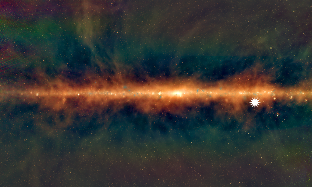 Cette image montre la Voie lactée vue de la Terre.  L'icône étoile indique la position de la répétition floue transitoire.  Crédit : Dr Natasha Hurley Walker (ICRAR/Curtin).