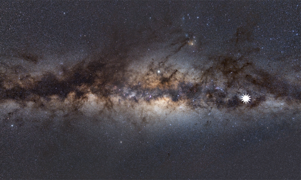 This image shows the Milky Way as viewed from Earth. The star icon shows the position of the mysterious repeating transient. Credit: Dr Natasha Hurley-Walker (ICRAR/Curtin).
