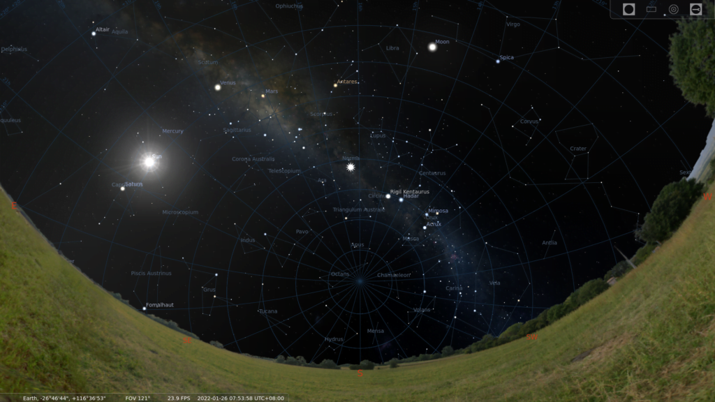 The location of the source in the sky in January 2022, marked with a large white star marker. At this time of year, it is above the horizon during the day. Image source: Stellarium