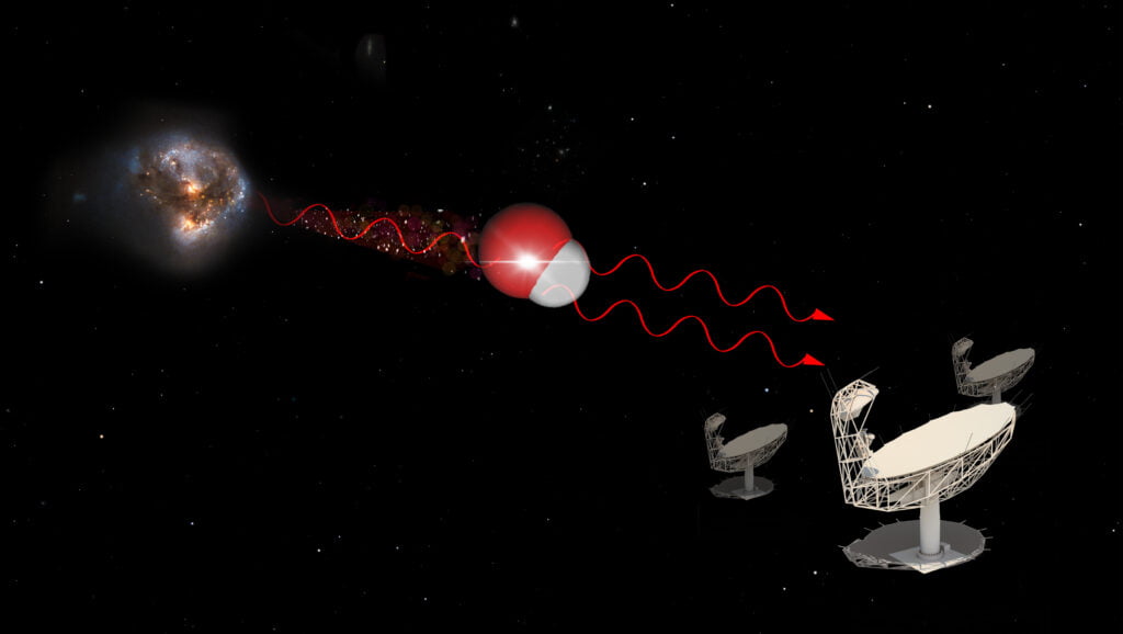Artist’s impression of a hydroxyl maser. Inside a galaxy merger are hydroxyl molecules, composed of one atom of hydrogen and one atom of oxygen. When one molecule absorbs a photon at 18cm wavelength, it emits two photons of the same wavelength. When molecular gas is very dense, typically when two galaxies merge, this emission gets very bright and can be detected by radio telescopes such as the MeerKAT. © IDIA/LADUMA using data from NASA/StSci/SKAO/MolView
