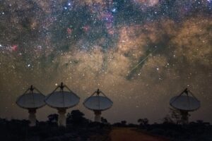 The dishes of CSIRO’s ASKAP radio telescope, with the Milky Way visible in the background