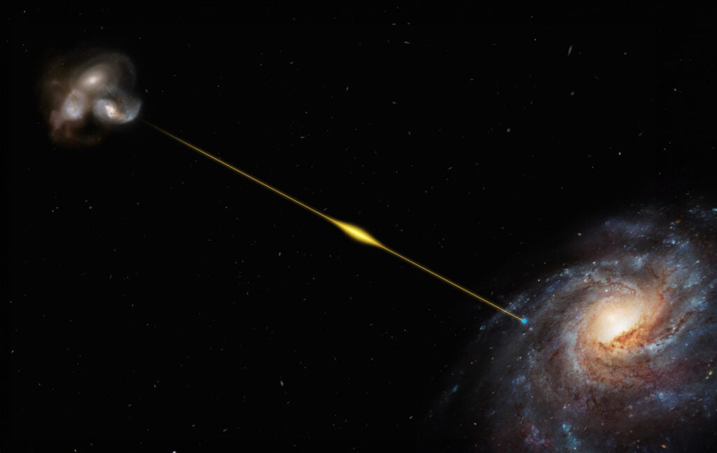 This artist’s impression (not to scale) illustrates the path of the fast radio burst FRB 20220610A, from the distant galaxy where it originated all the way to Earth, in one of the Milky Way’s spiral arms. 