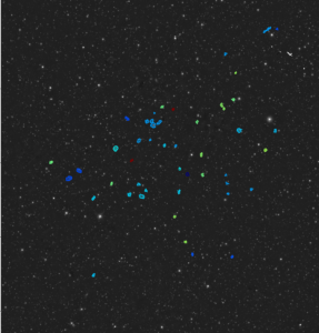 The 49ers - the 49 new gas-rich galaxies detected by the MeerKAT radio telescope in South Africa. Each detection is shown as coloured contours, with redder colours indicating more distant gas from us, and bluer colours as closer gas. The background image comes from the optical PanSTARRS survey. 