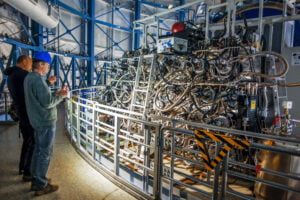 An intricate network of pipes surrounding the 24 spectrographs of the MUSE instrument on the VLT. 