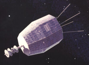 Artist's impression of the Relay spacecraft - a cylinder with four antennae protruding from the rear and a spike on the front.