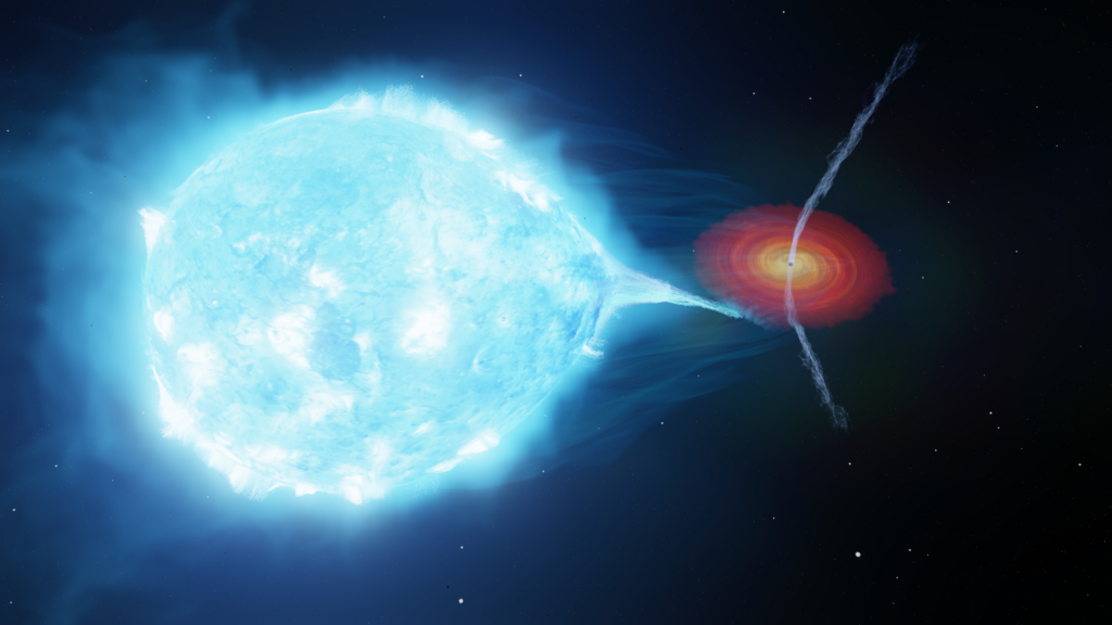 A large blue star orbits a small black hole surrounded by a red accretion disk, with jets coming from the top and bottom curving away from the star.