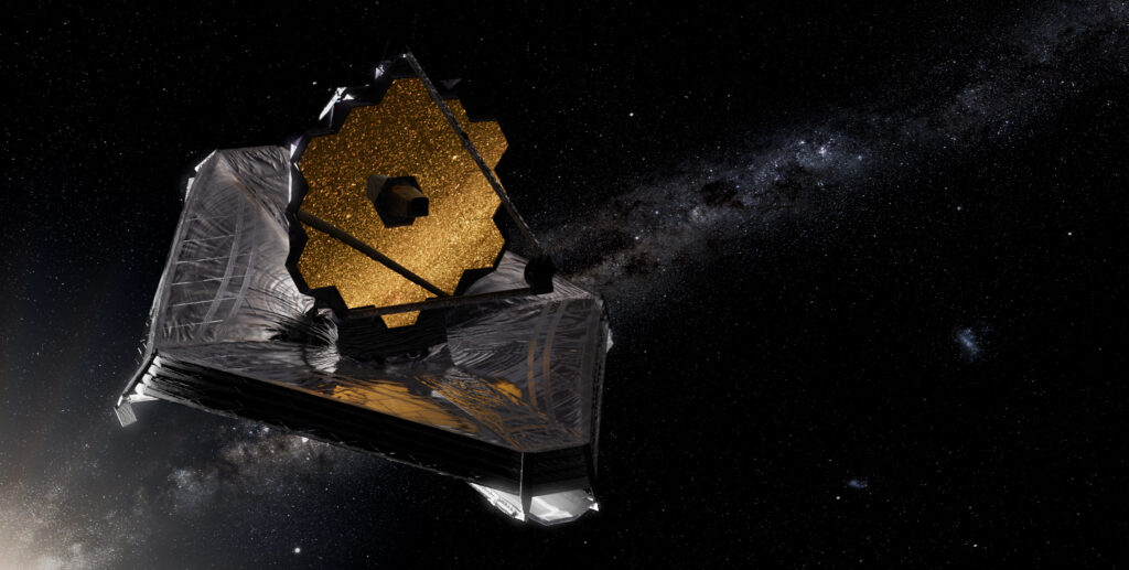 NASA's hexagonal James Webb Space Telescope floats against a background of stars. Rendered illustration.